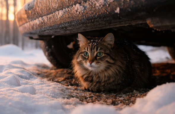Snowy Morning Cat Under Car